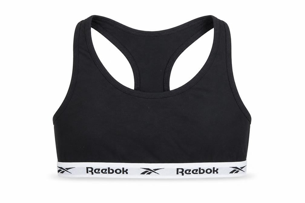 Front view of Reebok girls’ black m sports crop tank top gym training activewear