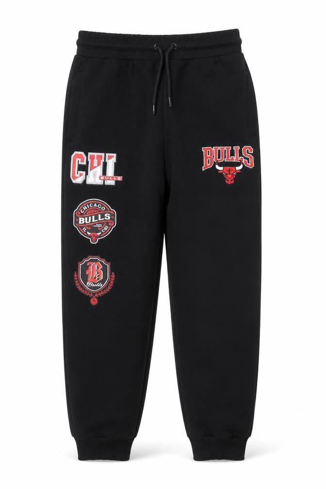 Front view of NBA boys’ black 10-11 years jogger sports sweatpants with bulls logo