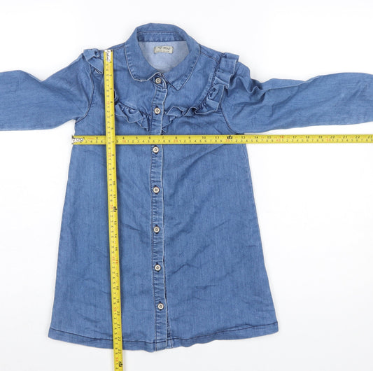 Next Girls Blue Denim Shirt Dress 6 Years Long Sleeve Ruffle Cotton Blend