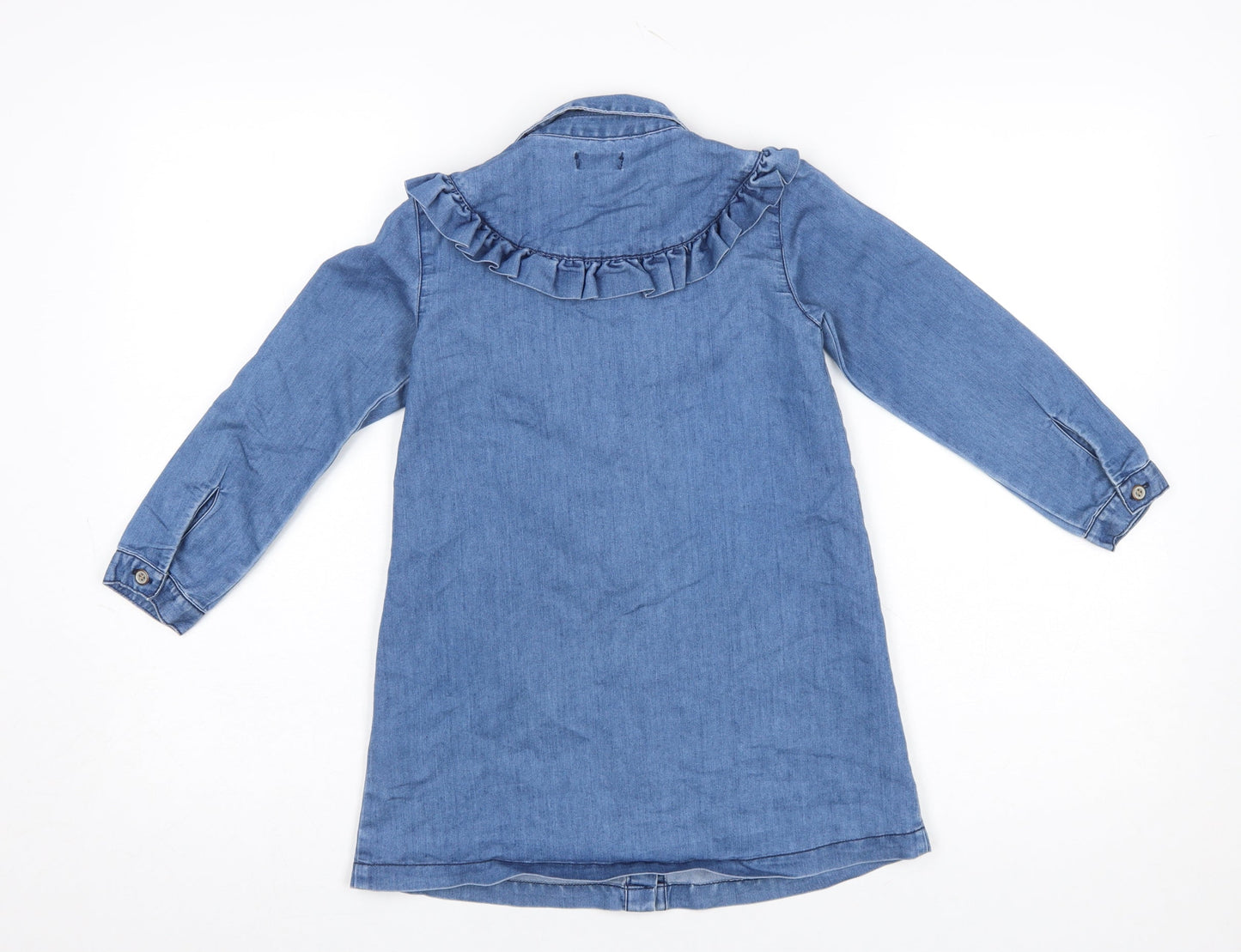 Next Girls Blue Denim Shirt Dress 6 Years Long Sleeve Ruffle Cotton Blend