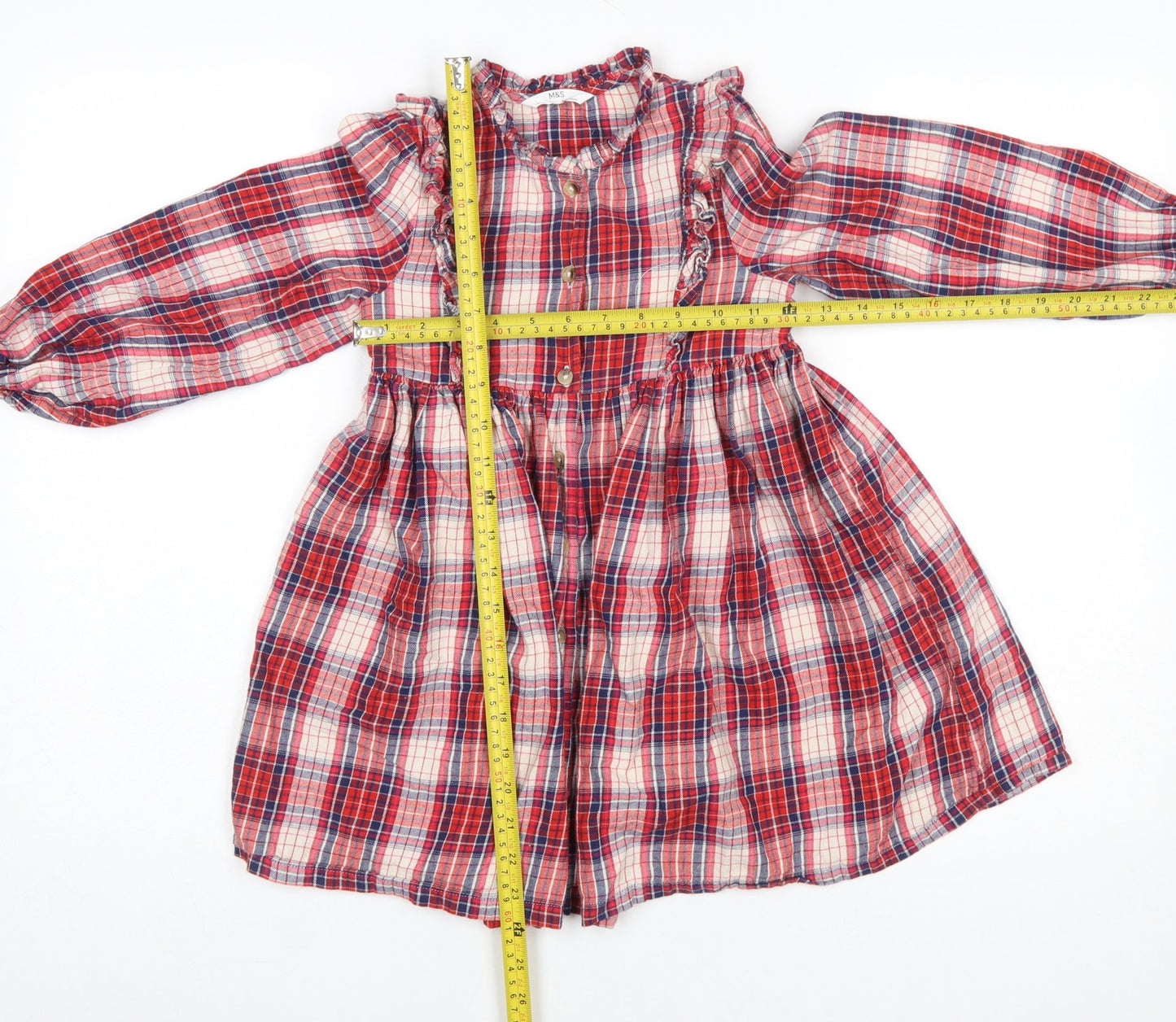 Marks and Spencer Girls Red Check Ruffle Long Sleeve Shirt Dress 6-7 Years