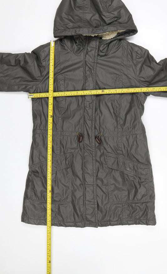 White Stuff Women’s Green Cotton Parka Coat Size 10 Hooded Mid-Length
