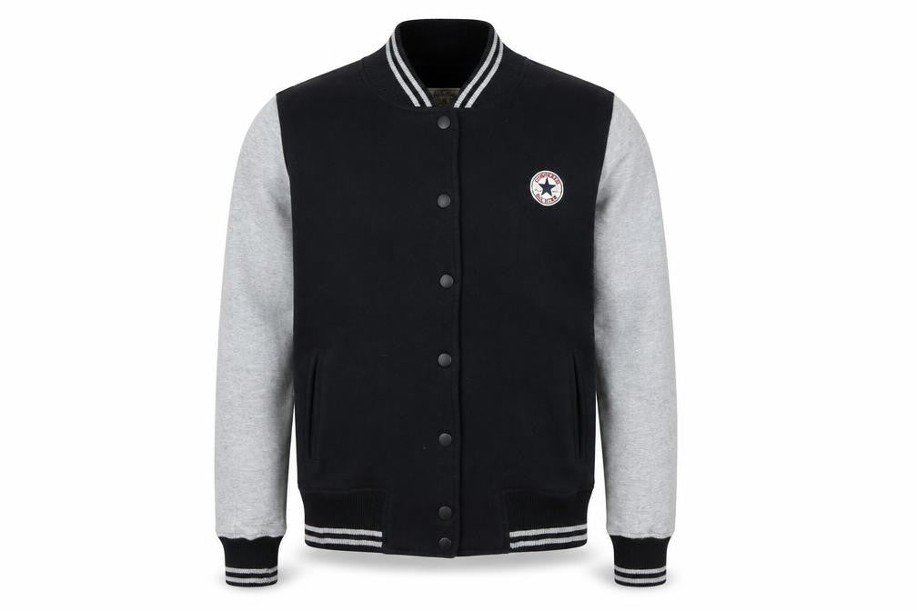 Front view of Converse boys’ black & grey varsity jacket, size L, cotton blend