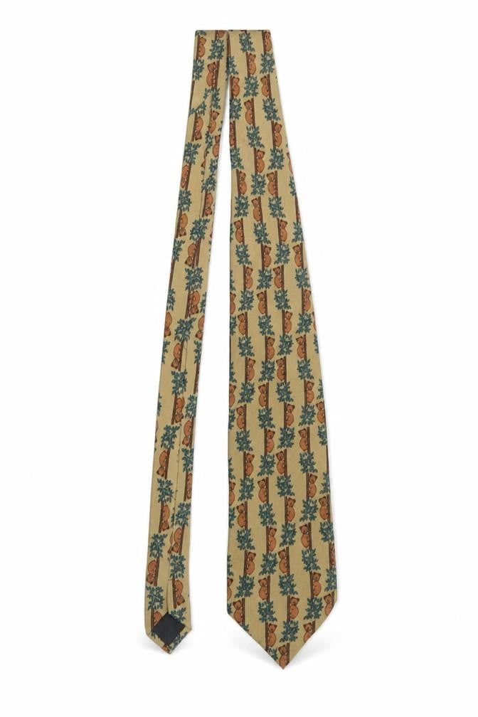 Gosun Men's Beige Silk Animal Print Tie – Bear Pattern, Hand Made, 100% Silk