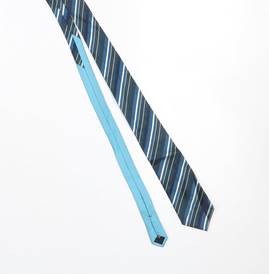 Tommy Hilfiger Men Aqua Blue Striped Silk Tie Slim Designer Made in Italy