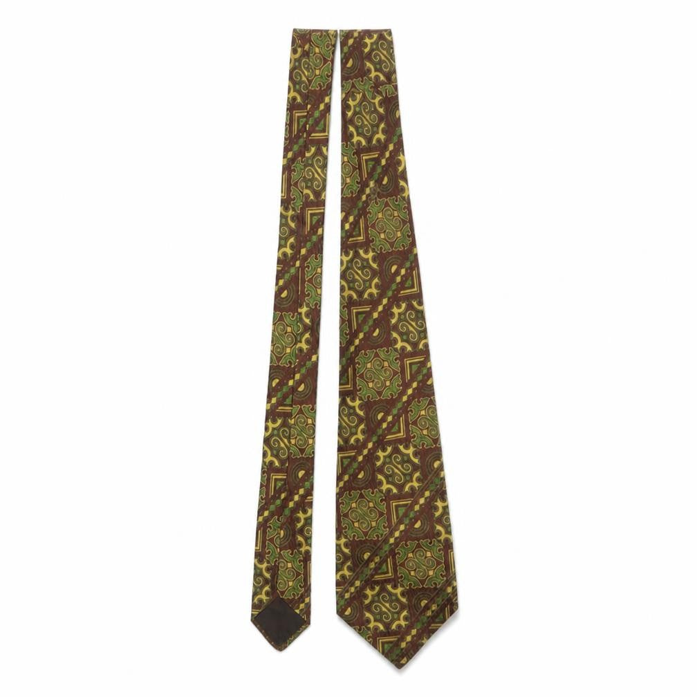 Great Wall Men Brown Green Geometric 100% Silk Tie