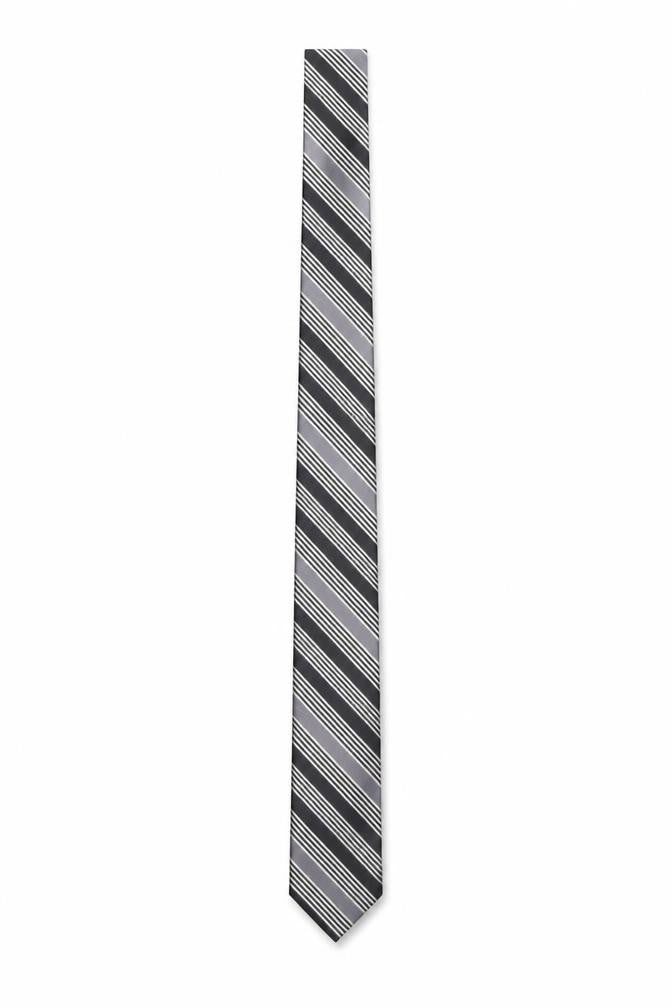 Front view of French Connection Men's Black Striped Slim Silk Tie