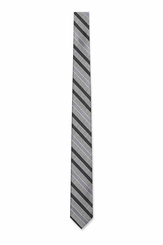 Front view of French Connection Men's Black Striped Slim Silk Tie