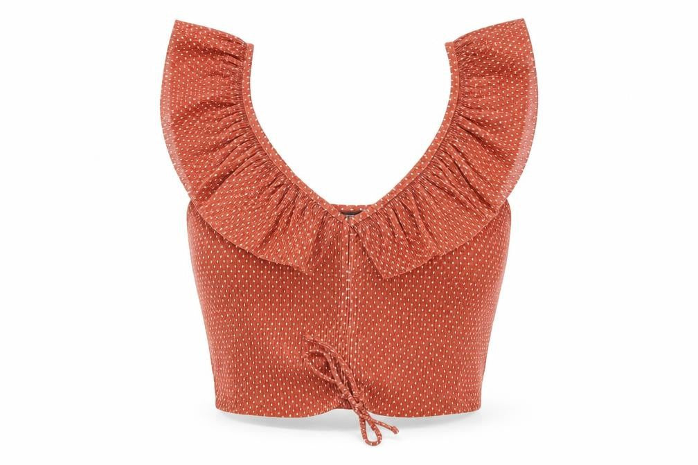Zara Women Brown Polka Dot Cropped Blouse Size 12 Ruffle Tie V-Neck