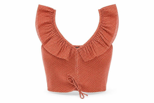 Zara Women Brown Polka Dot Cropped Blouse Size 12 Ruffle Tie V-Neck