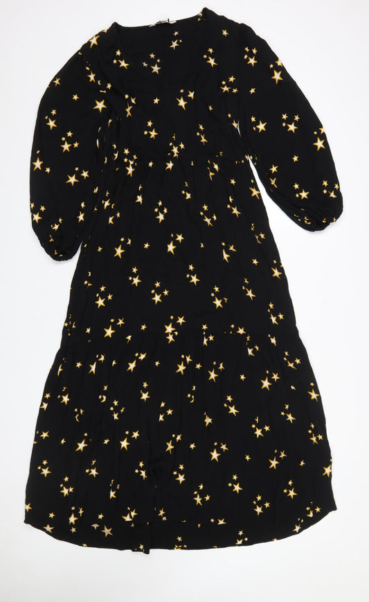 Marks and Spencer Women’s Black Star Print Midi Fit & Flare Dress Size 10