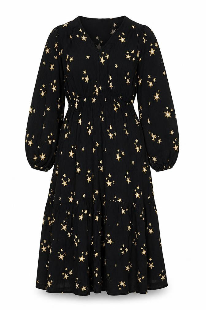Marks and Spencer Women’s Black Star Print Midi Fit & Flare Dress Size 10