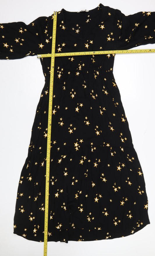 Marks and Spencer Women’s Black Star Print Midi Fit & Flare Dress Size 10