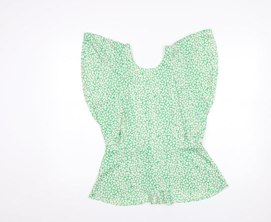 River Island Women's Green Geometric Blouse Size 12 Zip Back Flutter Sleeve