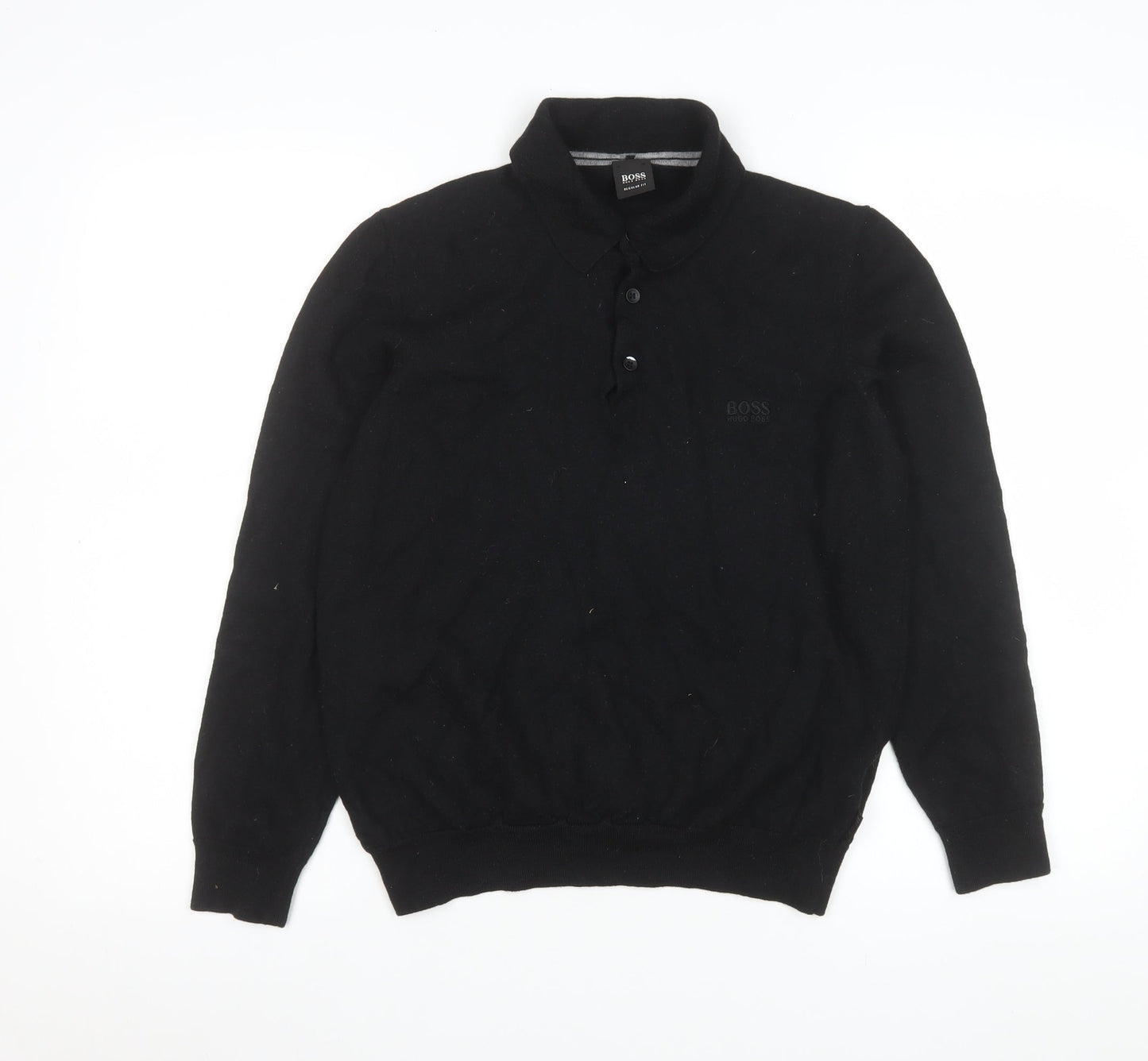 Hugo Boss Men’s Black Wool Henley Jumper Size L Regular Fit