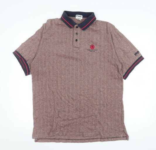 PING Men's Brown Cotton Polo Shirt Size L Golf Herringbone Pattern