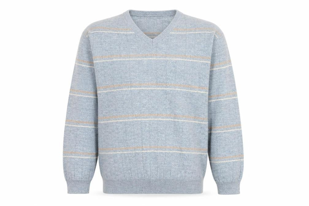 Front view of Dunnes Men's Grey Striped V-Neck Wool Blend Jumper, size L