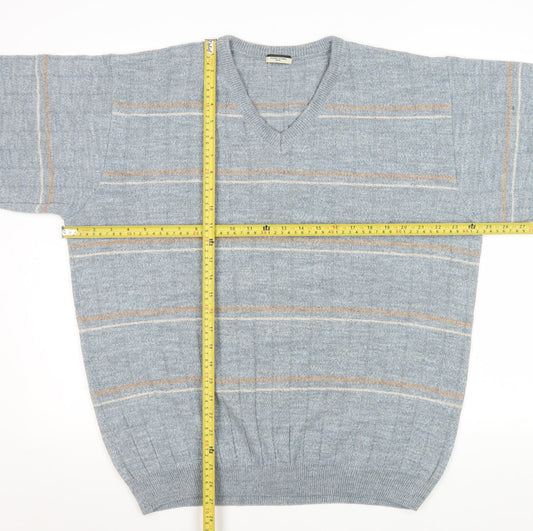 Dunnes Stores Men's Grey Striped V-Neck Wool Blend Jumper Size L