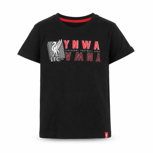Front view of L.F.C. boys’ black 5-6 years logo short sleeve cotton t-shirt