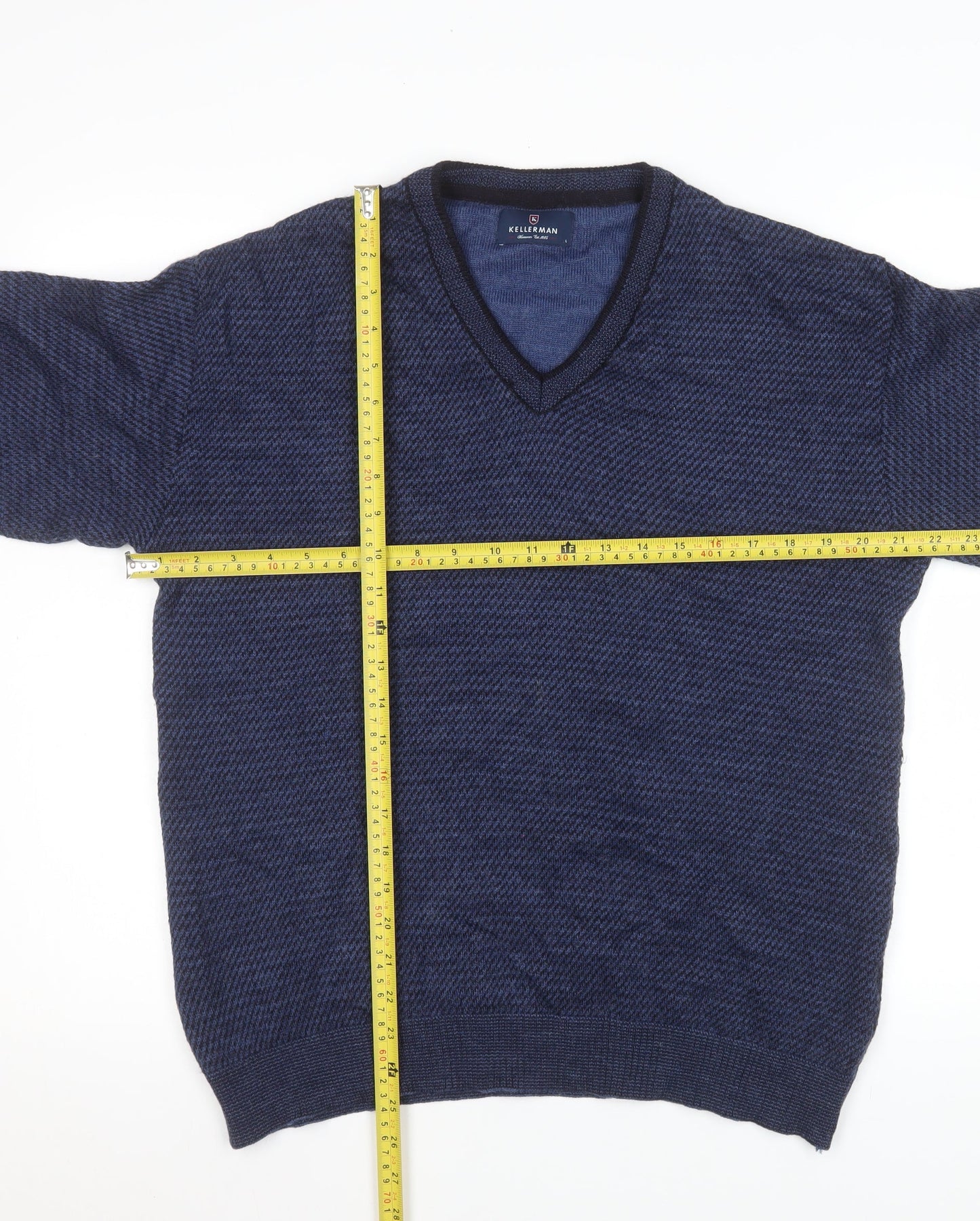 Kellerman Men Blue V-Neck Wool Blend Pullover Jumper Size L