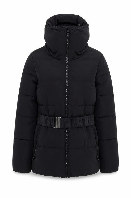 Front view of Dunnes Women's Black Belted Puffer Jacket, size 10