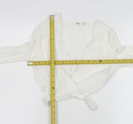 Pull & Bear Women White Wrap Blouse XS Long Sleeve Viscose Cotton