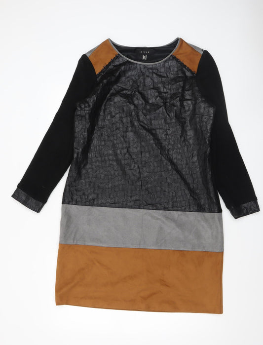 Divas Women’s Colourblock Shift Dress Black Grey Brown Size 16 Long Sleeve