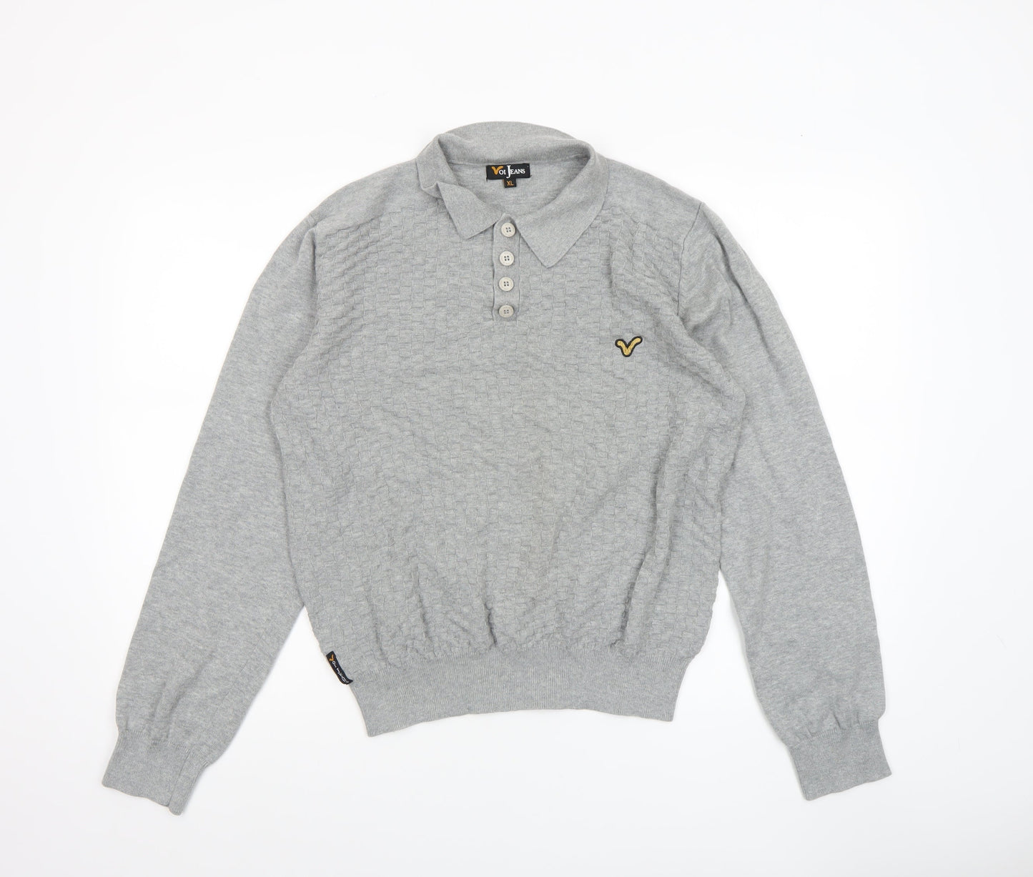 Voi Jeans Men Grey Cotton Collared Henley Jumper XL
