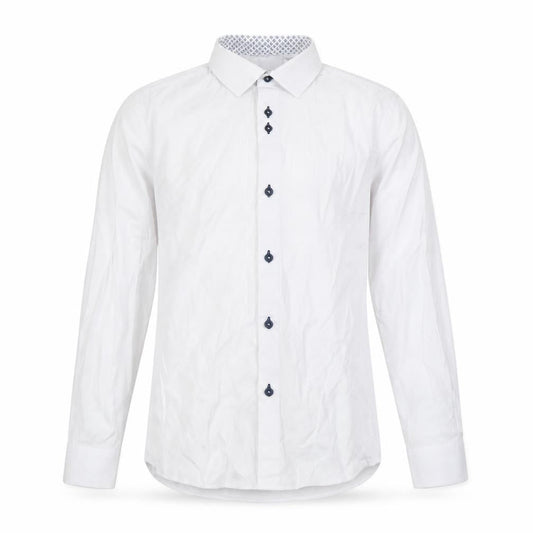 Front view of 1880 Club boys’ white long sleeve button-up dress shirt, size 158