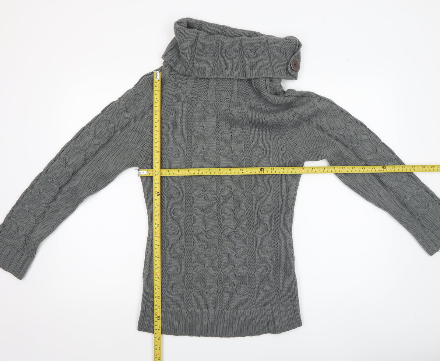 Folia Women Grey Wool Blend Roll Neck Cable-Knit Jumper Size S