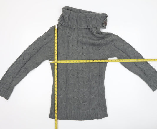 Folia Women Grey Wool Blend Roll Neck Cable-Knit Jumper Size S