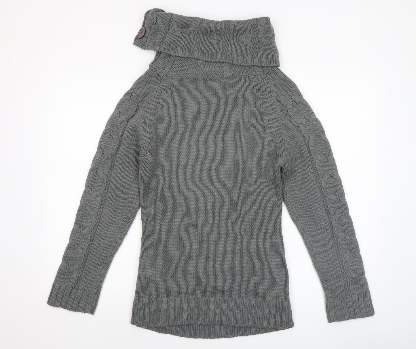 Folia Women Grey Wool Blend Roll Neck Cable-Knit Jumper Size S