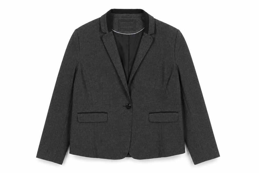 Front view of Dunnes Women Grey Pinstripe Blazer Jacket, size 18, Classic Fit
