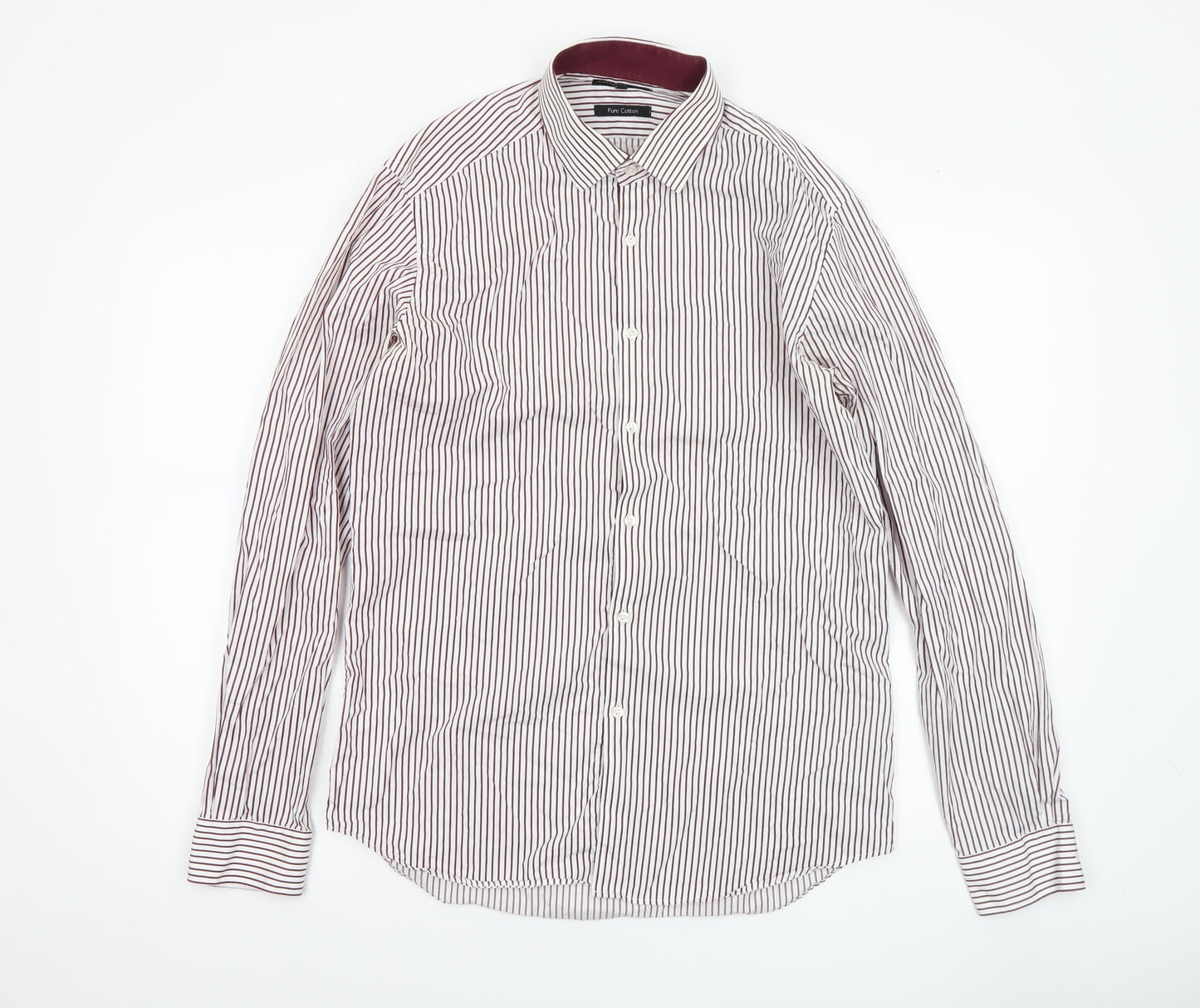 Marks and Spencer Autograph Men's White Burgundy Striped Cotton Dress Shirt 15.5in 39-40 Slim Fit