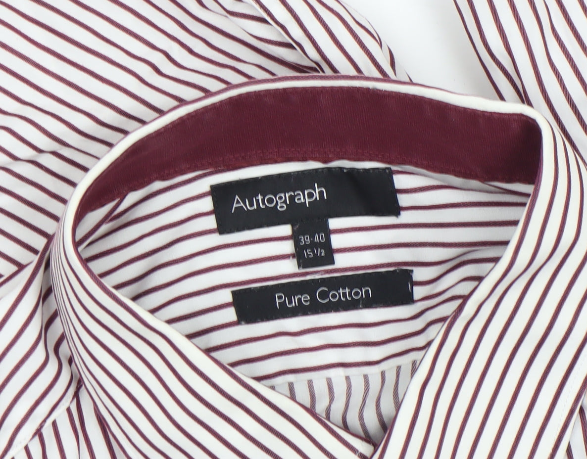 Marks and Spencer Autograph Men's White Burgundy Striped Cotton Dress Shirt 15.5in 39-40 Slim Fit
