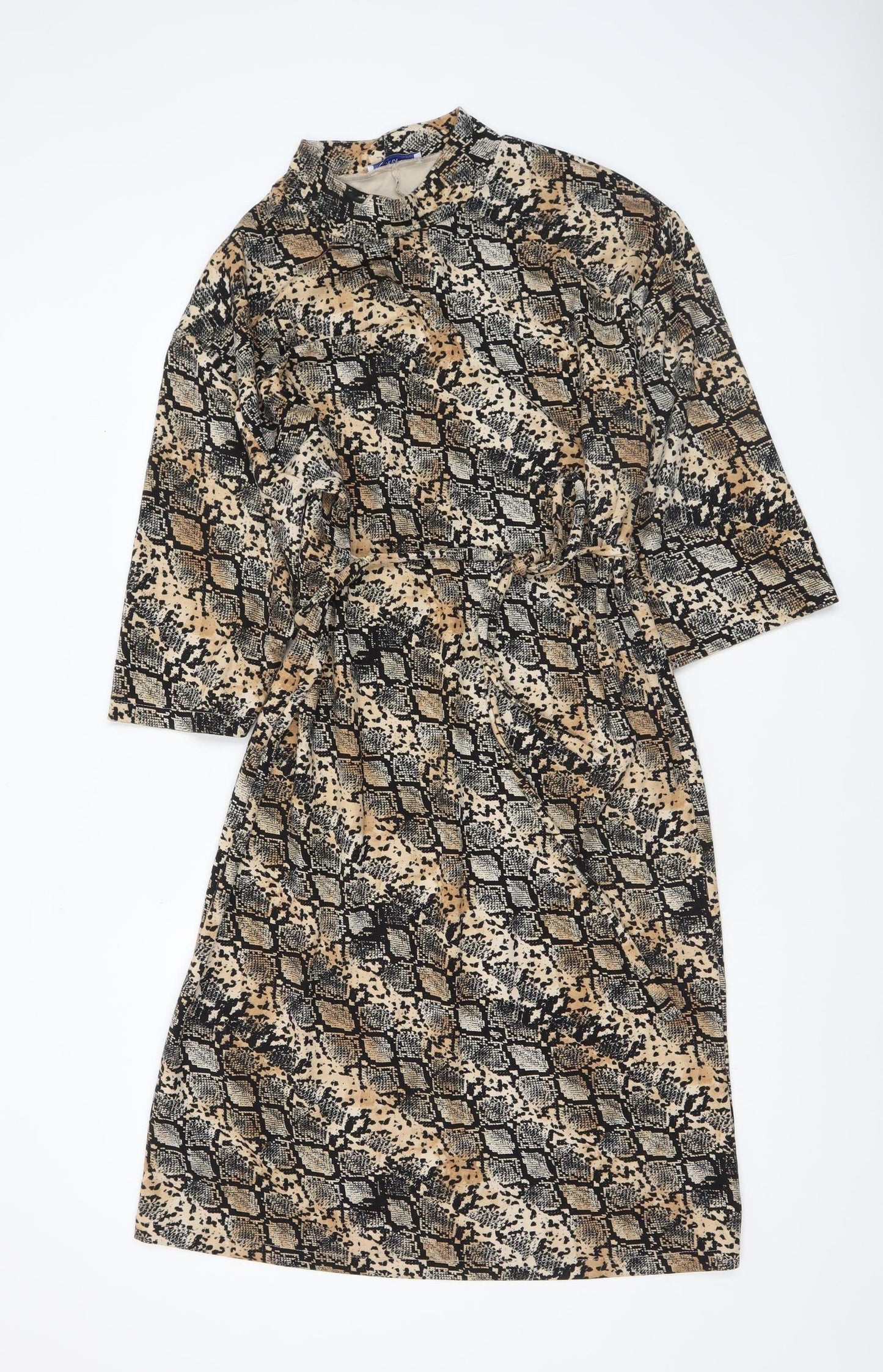 Zara Women Beige Snake Print Shift Dress Size 14 3/4 Sleeve