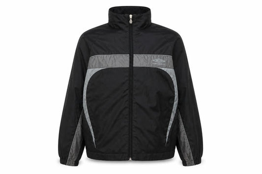 Front view of Umbro boys’ black grey track jacket, size 9, years polyester lightweight