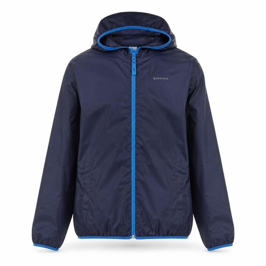 Front view of Quechua boys’ blue windbreaker jacket 14 years hooded lightweight
