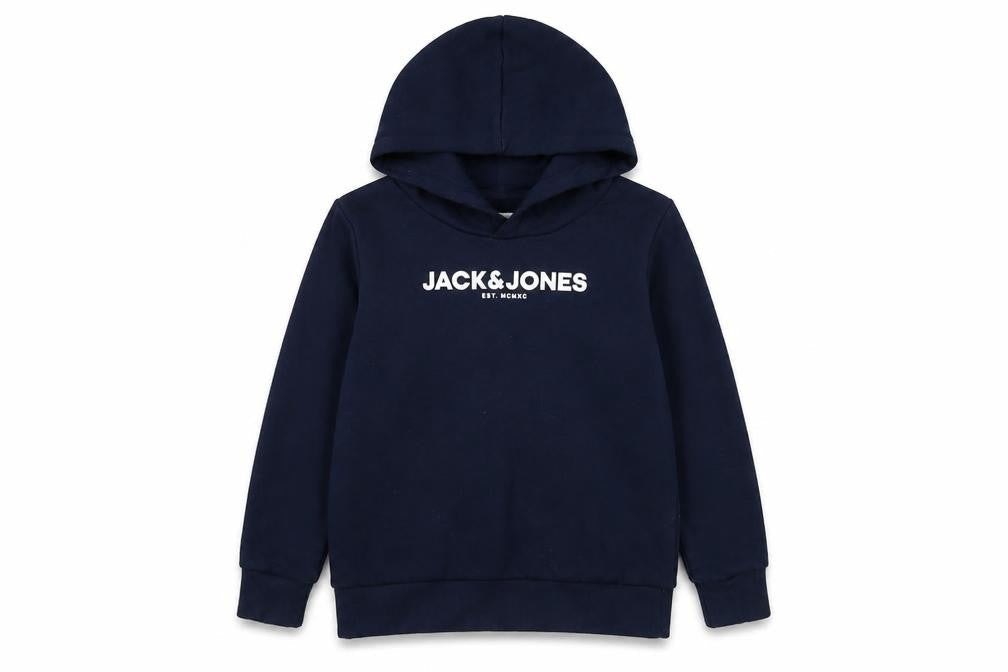 Front view of Jack & Jones boys’ blue pullover hoodie 8 years regular fit logo print