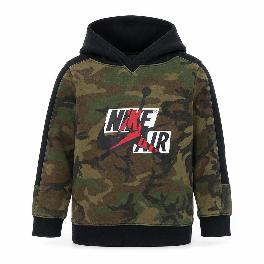 Front view of Nike boys’ green camouflage pullover hoodie 6-7 years cotton blend jordan air