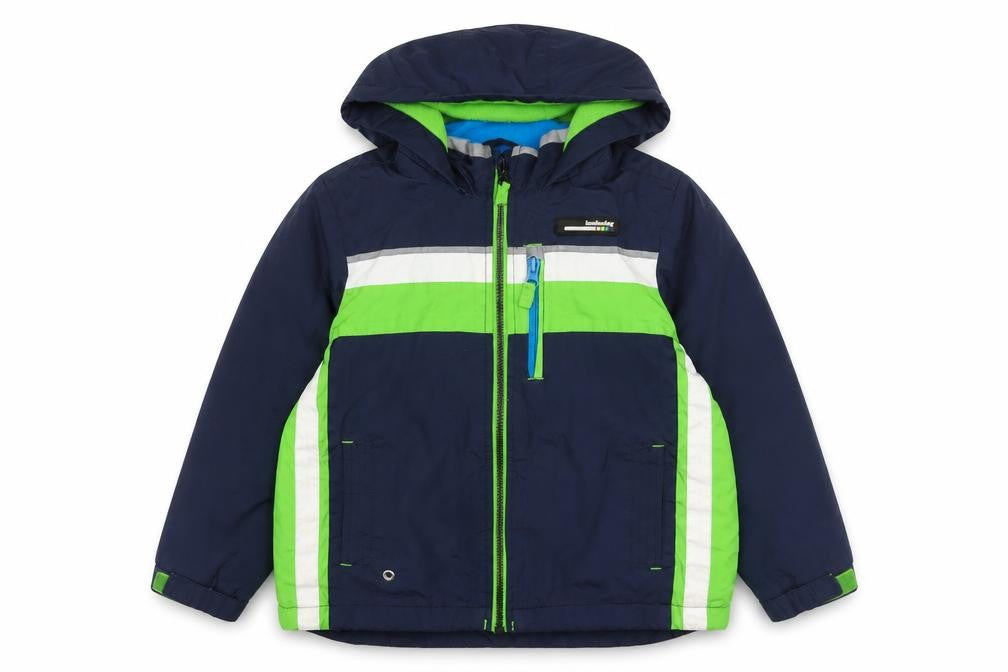 Front view of London Fog boys’ blue and green hooded puffer jacket 6 years
