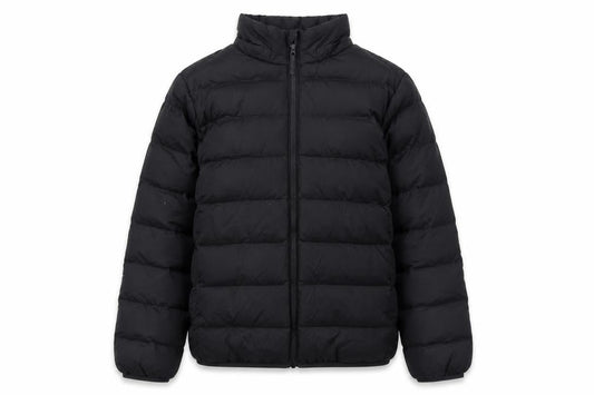 Front view of Uniqlo boys’ black 9-10 years puffer jacket lightweight winter coat