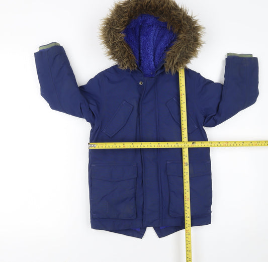 Boden Boys Blue Faux Fur Hooded Parka Coat 3-4 Years Winter Warm Lined