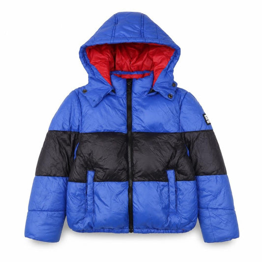 Front view of Diesel boys’ blue & black colourblock hooded puffer jacket 2 years