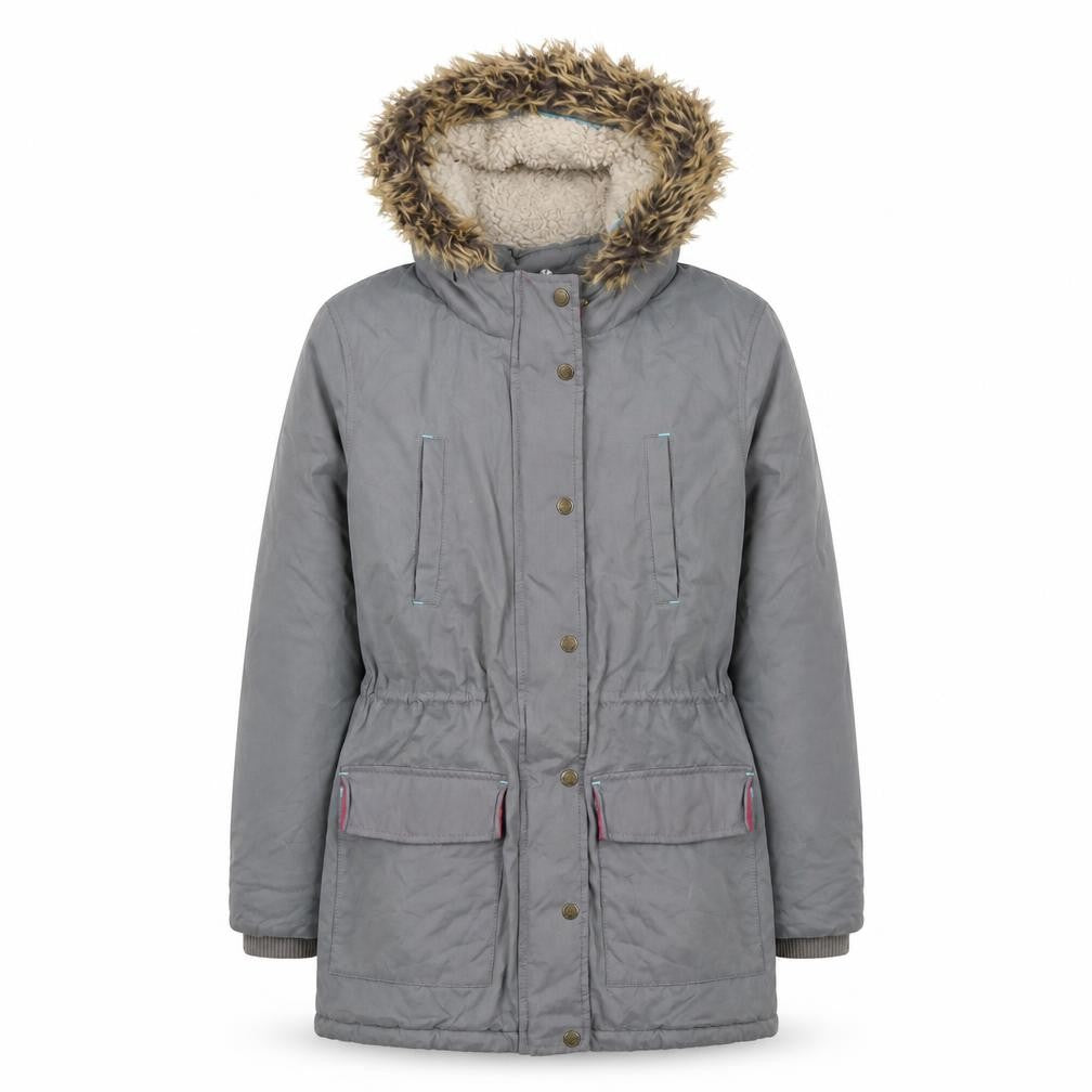 Front view of FatFace girls’ grey faux fur hooded parka coat 12-13 years lined winter jacket