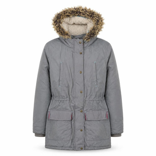 Front view of FatFace girls’ grey faux fur hooded parka coat 12-13 years lined winter jacket