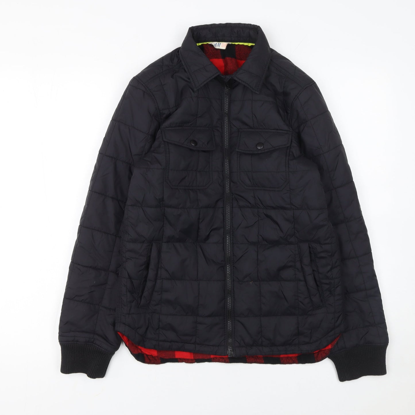 H&M Boys Black Quilted Jacket 11-12 Years Winter Padded Zip Pockets