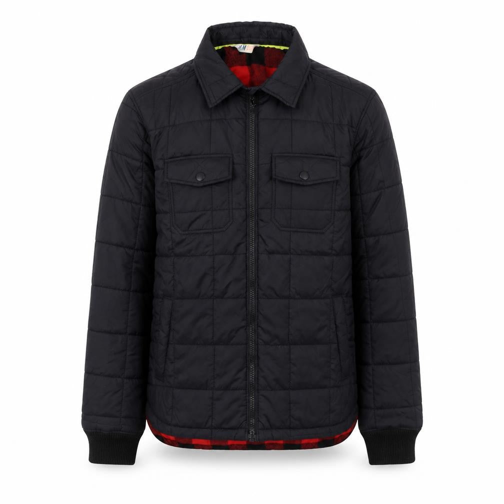 Front view of H&M boys’ black quilted jacket 11-12 years winter padded zip pockets