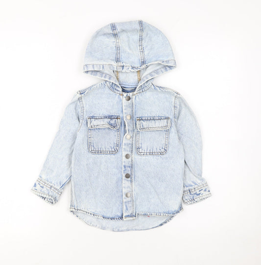 Next Boys Blue Denim Hooded Button-Up Shirt 2-3 Years Long Sleeve Cotton