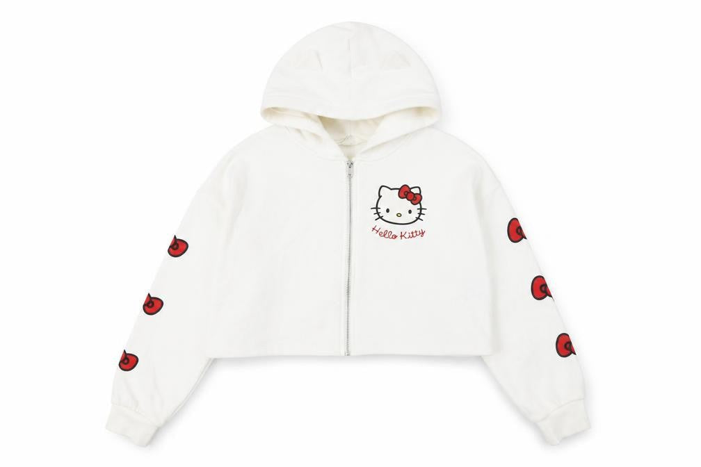 Front view of H&M girls’ white hello kitty full zip hoodie, size 10-12y cotton blend
